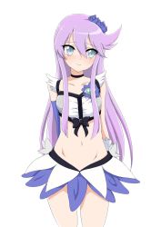 Rule 34 | 10s, 1girl, adapted costume, arms behind back, blue eyes, brooch, choker, cure moonlight, embarrassed, hair ornament, heart, heart brooch, heartcatch precure!, highres, izuna masaru, light purple hair, long hair, looking to the side, magical girl, midriff, navel, precure, simple background, skirt, solo, tsukikage yuri, white background