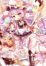 Rule 34 | 1girl, boots, bow, bowl, candy, cookie, crescent, dress, food, food on face, fork, hat, heart, heart-shaped pupils, ice cream cone, in bowl, in container, knife, leg ribbon, lollipop, long hair, mob cap, patchouli knowledge, purple dress, purple eyes, purple hair, ribbon, sitting, solo, striped clothes, striped dress, symbol-shaped pupils, touhou, ukita uuko, very long hair