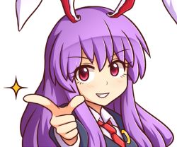 Rule 34 | 1girl, animal ears, black jacket, blazer, commentary, commission, crescent, crescent pin, english commentary, eyelashes, grin, jacket, long hair, long sleeves, looking at viewer, necktie, pointing, pointing at viewer, purple hair, rabbit ears, red eyes, red necktie, reisen udongein inaba, shirt, sidelocks, simple background, smile, solo, sparkle, touhou, upper body, white background, white shirt, wing collar, wool (miwol)