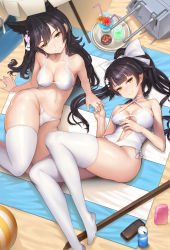 Rule 34 | 2girls, animal ears, arm support, atago (azur lane), atago (summer march) (azur lane), azur lane, bag, ball, beach, beach towel, beachball, black hair, bow, breasts, can, casual one-piece swimsuit, cleavage, clothing cutout, criss-cross halter, curvy, drink, feet, from above, hair bow, hair flaps, hair ornament, hair ribbon, halterneck, highres, lolihorn, long hair, looking at viewer, lying, machinery, md5 mismatch, medium breasts, mole, mole under eye, multiple girls, navel cutout, no shoes, on back, on side, one-piece swimsuit, orange eyes, ponytail, resolution mismatch, ribbon, smile, source larger, swimsuit, takao (azur lane), takao (beach rhapsody) (azur lane), thick thighs, thighhighs, thighs, toes, towel, tray, umbrella, white bow, white legwear, white one-piece swimsuit, white ribbon