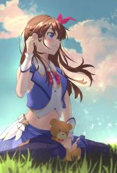 Rule 34 | 1girl, absurdres, blue eyes, blue skirt, bow, brown hair, cloud, commentary, hair behind ear, hair bow, highres, hololive, idol, looking up, mechjunk, navel, pink bow, sitting, skirt, smile, solo, stuffed animal, stuffed toy, symbol-only commentary, teddy bear, thighhighs, tokino sora, tokino sora (1st costume), virtual youtuber, wariza, wrist cuffs