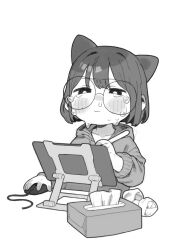 Rule 34 | 1girl, animal ears, bob cut, cat ears, collarbone, crying, crying with eyes open, drawing tablet, glasses, greyscale, highres, holding, holding stylus, hood, hoodie, monochrome, mouse (computer), opossumachine, original, round eyewear, short hair, simple background, sitting, solo, squinting, stylus, tears, tissue box, used tissue