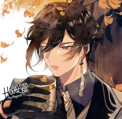 Rule 34 | 1boy, black gloves, black hair, brown hair, collar, collared shirt, cup, earrings, falling leaves, genshin impact, ginkgo leaf, gloves, hair between eyes, highres, holding, holding cup, hwqran008, jewelry, leaf, long hair, male focus, multicolored hair, one eye covered, open mouth, shirt, simple background, single earring, solo, tassel, tassel earrings, tea, teacup, tree, white background, yellow eyes, zhongli (genshin impact)