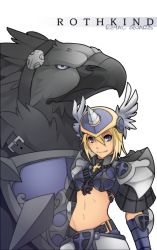 Rule 34 | 1girl, armor, bikini armor, blonde hair, blue eyes, breastplate, chainmail, character name, closed mouth, commentary, cross, english commentary, fake horns, gauntlets, griffin, gryphon (ragnarok online), hair between eyes, helmet, holding, holding shield, horned helmet, horns, looking at viewer, midriff, navel, ragnarok online, royal guard (ragnarok online), shield, short hair, simple background, smile, transparent background, twai, upper body