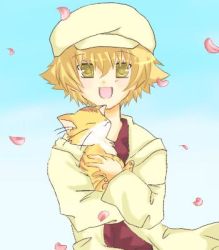 Rule 34 | 00s, 1boy, bad id, bad pixiv id, beret, blonde hair, cabbie hat, cat, cherry blossoms, clannad, dual persona, gradient background, hat, lowres, male focus, minami to uri to, petals, shima katsuki, short hair, solo, time paradox, yellow eyes