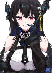 Rule 34 | 1girl, asymmetrical horns, bare shoulders, black hair, blue hair, colored inner hair, demon horns, gloves, hair ornament, highres, hololive, hololive english, horns, jewelry, kuro (be ok), long hair, looking at viewer, mole, mole under eye, multicolored hair, nerissa ravencroft, nerissa ravencroft (1st costume), red eyes, ring, simple background, smile, solo, two-tone hair, uneven horns, upper body, very long hair, virtual youtuber, white background