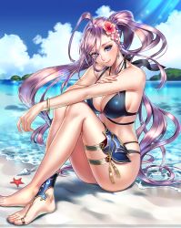 Rule 34 | 1girl, absurdres, ahoge, anklet, armor, artist request, barefoot, barefoot sandals (jewelry), beach, bikini, black bikini, blue eyes, bracelet, breasts, cleavage, cloud, day, earrings, feet, fingernails, flower, hair flower, hair ornament, halterneck, highres, hortensia saga, jewelry, large breasts, lens flare, long fingernails, long hair, looking at viewer, multi-strapped bikini bottom, multi-strapped bikini top, official art, outdoors, ponytail, purple hair, shell, sitting, skindentation, sky, smile, solo, starfish, sunlight, swimsuit, thighlet, toe ring, toes, very long hair, watermark