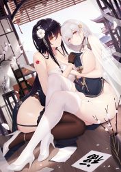 Rule 34 | 2girls, alexiel (pixiv6211566), azuma (azur lane), azuma (soft voice of spring) (azur lane), azur lane, bare shoulders, black dress, black gloves, black hair, black legwear, blush, braid, breast curtains, breasts, china dress, chinese clothes, cleavage, dress, flower, garter straps, gloves, hair between eyes, hair flower, hair ornament, highres, large breasts, long hair, looking at viewer, multiple girls, parted lips, pelvic curtain, red eyes, revealing clothes, short hair, sirius (azur lane), sirius (azure horizons) (azur lane), thighhighs, thighs, very long hair, white flower, white gloves, white hair, white legwear