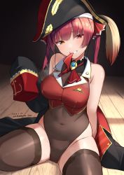 Rule 34 | 1girl, absurdres, anchor symbol, arm behind back, black coat, black thighhighs, blush, breasts, cleavage, coat, commentary request, covered navel, crop top, gold trim, grin, hat, heterochromia, highres, hirota fruit, hololive, hololive fantasy, houshou marine, huge filesize, large breasts, leotard, leotard under clothes, long hair, looking at viewer, medium breasts, mouth hold, off shoulder, on floor, pirate, pirate hat, red eyes, red hair, see-through, see-through cleavage, see-through leotard, sitting, sleeve cuffs, sleeveless, smile, solo, spread legs, thighhighs, thighs, twintails, virtual youtuber, wariza, wooden floor, yellow eyes