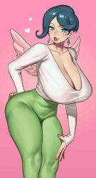 Rule 34 | 1girl, blue eyes, blush, breasts, cleavage, commission, covered navel, cowboy shot, earrings, feathers, gradient background, green pantyhose, heart, highres, huge breasts, jewelry, mole, mole under mouth, nia (nia4294), original, pantyhose, parted lips, pink background, pink feathers, shadow, shirt, sleeves past wrists, solo, white shirt, wings
