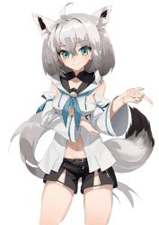 Rule 34 | 1girl, absurdres, ahoge, animal ear fluff, animal ears, bad id, bad pixiv id, bare legs, black shorts, blue eyes, blush, braid, breasts, cleavage, closed mouth, commentary, cowboy shot, detached sleeves, eyelashes, fox ears, fox tail, hair between eyes, highres, hololive, hood, hoodie, index finger raised, key, long hair, looking at viewer, medium breasts, midriff, navel, ponytail, rui (rei leyi), shirakami fubuki, shirakami fubuki (1st costume), short shorts, shorts, side braid, side slit, silver hair, simple background, smile, solo, star (symbol), star in eye, symbol in eye, tail, thighs, underboob, virtual youtuber, white background, white hoodie