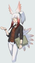 Rule 34 | 1girl, alternate costume, bird girl, bird tail, bird wings, black jacket, blunt bangs, blush, bracelet, brown shirt, casual, gradient hair, head wings, highres, jacket, japanese crested ibis (kemono friends), jewelry, kemono friends, long sleeves, multicolored hair, necklace, obsession36, open clothes, open jacket, pants, ponytail, red hair, shirt, short hair with long locks, sidelocks, solo, tail, watch, white hair, white pants, wings, wristwatch, yellow eyes