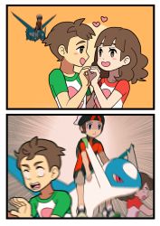 Rule 34 | 1girl, 2boys, 2koma, :d, blush stickers, brendan (pokemon), brown background, brown eyes, brown hair, closed mouth, comic, couple, creatures (company), emphasis lines, expressionless, game freak, gen 3 pokemon, gojya, grey eyes, happy, hat, heart, hetero, latios, legendary pokemon, medium hair, multiple boys, nintendo, open mouth, orange background, pokemon, pokemon (creature), pokemon oras, red eyes, riding, riding pokemon, running, scared, shirt, shoes, short sleeves, shorts, sidelocks, silent comic, simple background, smile, young couple (pokemon)