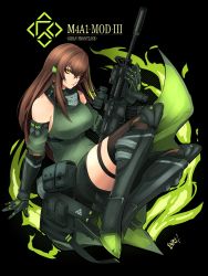 Rule 34 | 1girl, absurdres, arm support, armored boots, assault rifle, bare shoulders, black background, black footwear, black gloves, black shorts, black thighhighs, boots, breasts, brown hair, carbine, character name, closed mouth, commentary, copyright name, detached sleeves, elbow gloves, girls&#039; frontline, gloves, green shirt, green sleeves, gun, hair between eyes, highres, holding, holding gun, holding weapon, knee boots, long hair, looking at viewer, m4 carbine, m4a1 (girls&#039; frontline), medium breasts, name connection, object namesake, orange eyes, rifle, shirt, short shorts, shorts, sleeveless, sleeveless shirt, solo, suppressor, thighhighs, thighhighs under boots, thighs, very long hair, warfakaid, weapon