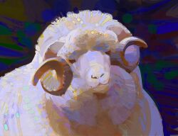 Rule 34 | animal, art study, commentary, english commentary, faux traditional media, fluffy, highres, horns, looking at viewer, multicolored background, no humans, portrait, ram (animal), sheep horns, sketch, wool, yuming li