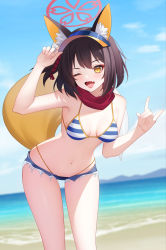 Rule 34 | 1girl, ;d, absurdres, animal ear fluff, animal ears, bad id, bad pixiv id, bare arms, beach, bikini, bikini under clothes, blue archive, blue sky, blurry, blurry background, breasts, brown hair, cowboy shot, cutoffs, day, denim, denim shorts, eyeliner, fang, fox shadow puppet, halo, hand on headwear, highres, horizon, izuna (blue archive), izuna (swimsuit) (blue archive), leaning forward, looking at viewer, makeup, medium breasts, micro shorts, mountainous horizon, navel, negi3, ocean, one eye closed, open mouth, outdoors, red eyeliner, red scarf, scarf, short hair, shorts, skin fang, sky, smile, solo, standing, stomach, string bikini, striped bikini, striped clothes, sunlight, swimsuit, thighs, visor cap, yellow eyes