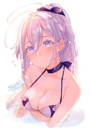 Rule 34 | 1girl, 86 -eightysix-, alternate costume, alternate hairstyle, artist name, bikini, blush, breasts, cleavage, commentary request, grey eyes, hair between eyes, highres, long hair, medium breasts, ponytail, shanabi0610, signature, solo, swimsuit, vladilena millize, white background