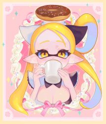 Rule 34 | 1girl, blonde hair, border, breasts, cleavage, commentary, cup, d msy8, doughnut, drinking, eyelashes, food, hair rings, highres, holding, holding cup, inkling, inkling girl, inkling player character, inset border, long hair, looking at viewer, medium breasts, nintendo, pink background, pointy ears, slit pupils, solo, splatoon (series), symbol-only commentary, tentacle hair, yellow border, yellow eyes