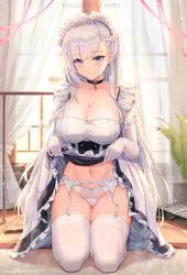 Rule 34 | 1girl, absurdres, artist name, azur lane, belfast (azur lane), black choker, black dress, blue eyes, blush, bow, bow panties, braid, breasts, choker, cleavage, closed mouth, clothes lift, collarbone, commentary request, curtains, day, dress, dress lift, elbow gloves, fallen-leaves, frilled dress, frills, garter belt, gloves, groin, highres, indoors, kneeling, large breasts, lifted by self, light particles, long hair, looking at viewer, maid headdress, midriff, mop, navel, panties, smile, solo, thighhighs, underwear, very long hair, white bow, white garter belt, white gloves, white hair, white panties, white thighhighs