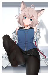 Rule 34 | 1girl, absurdres, animal ears, arknights, bare shoulders, black skirt, blue eyes, blue shirt, blush, cloak, commentary, cross, english commentary, feet, fox ears, fox girl, head tilt, highres, indoors, looking at viewer, material growth, medic, open cloak, open clothes, open mouth, oripathy lesion (arknights), outside border, panties, panties under pantyhose, pantyhose, platinum blonde hair, red cross, rhodes island logo (arknights), shirt, short hair, skirt, solo, sussurro (arknights), underwear, z.taiga