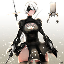 Rule 34 | 1girl, absurdres, blindfold, breasts, cleavage, highres, nier (series), nier:automata, sword, toui, weapon, 2b (nier:automata)