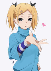 Rule 34 | 1girl, black eyes, blonde hair, blowing kiss, blue sweater, commentary request, hair ornament, hair ribbon, hairclip, hand on own hip, heart, highres, looking at viewer, miyahara takuya, mole, mole under eye, open mouth, ribbon, scene reference, shirobako, short hair, short twintails, simple background, solo, sousou no frieren, sweater, turtleneck, turtleneck sweater, twintails, upper body, yano erika