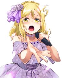 Rule 34 | 1girl, blonde hair, braid, commentary request, corset, crown braid, dress, floral print, flower, flower necklace, foreshortening, hair flower, hair ornament, hair rings, highres, holding, holding microphone, jewelry, love live!, love live! school idol festival, love live! sunshine!!, medium hair, microphone, music, nanotsuki, necklace, off-shoulder dress, off shoulder, ohara mari, open mouth, outstretched hand, print dress, purple dress, purple flower, singing, solo, tearing up, white background, yellow eyes