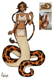 Rule 34 | 1girl, absurdres, artist name, bare arms, bare shoulders, braid, breasts, brown hair, colored sclera, commentary, commission, dark-skinned female, dark skin, earrings, english commentary, full body, hair tubes, highres, jewelry, lamia, long braid, long hair, looking at viewer, matilda fiship, medium breasts, midriff, monster girl, navel, orange sclera, original, pelvic curtain, personification, photo-referenced, photo inset, pointy ears, reference inset, scales, simple background, smile, snake, solo, very long hair, white background