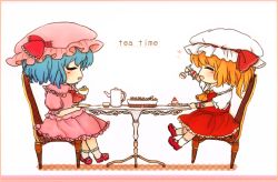 Rule 34 | 2girls, ascot, bat wings, blonde hair, blue hair, border, cake, chair, chibi, cup, dress, english text, closed eyes, flandre scarlet, food, fork, framed, hat, unworn hat, hat ribbon, unworn headwear, heart, md5 mismatch, mob cap, multiple girls, open mouth, pink dress, puffy sleeves, red dress, rei (tonbo0430), remilia scarlet, ribbon, shirt, short sleeves, siblings, side ponytail, sisters, smile, strawberry shortcake, table, teacup, teapot, touhou, wings