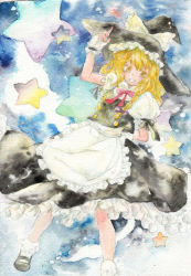 Rule 34 | 1girl, :d, blonde hair, bow, braid, dress, female focus, fingerless gloves, gloves, hat, hat bow, kirisame marisa, long hair, open mouth, painting (medium), single braid, smile, solo, star (symbol), touhou, traditional media, tugumi0w0, watercolor (medium), witch, witch hat, yellow eyes