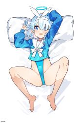 Rule 34 | 1girl, absurdres, aiuti, arona (blue archive), barefoot, bed sheet, blue archive, blue eyes, blue hair, blue halo, blue one-piece swimsuit, blush, braid, choker, colored inner hair, halo, highleg, highleg swimsuit, highres, long sleeves, multicolored hair, one-piece swimsuit, open mouth, pillow, pink hair, sailor collar, short hair, single braid, solo, swimsuit, swimsuit under clothes, toes, twitter username, white choker, white sailor collar