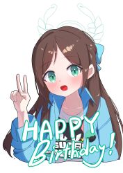 Rule 34 | 1girl, absurdres, airi (band) (blue archive), airi (blue archive), aqua bow, aqua jacket, blue archive, blush, bow, brown hair, collarbone, english text, green eyes, hair bow, halo, happy birthday, head tilt, highres, jacket, long hair, looking at viewer, open mouth, print shirt, sanbi1313, shirt, simple background, smile, solo, t-shirt, upper body, v, white background, white shirt