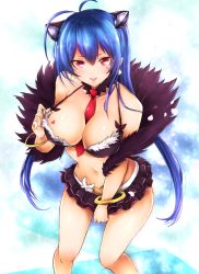 Rule 34 | 1girl, antenna hair, between breasts, blue hair, blush, bracelet, breasts, cleavage, cosplay, detached collar, disgaea, frofrofrost, heart, jewelry, large breasts, long hair, looking at viewer, makai senki disgaea 5, miniskirt, necktie, necktie between breasts, open mouth, phantasy star, phantasy star online 2, pink eyes, seraphina (disgaea), seraphina (disgaea) (cosplay), skirt, smile, solo, star (symbol), tattoo, very long hair