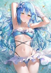 Rule 34 | 1girl, absurdres, animal, armpits, arms up, bare shoulders, bikini, blue hair, blush, breasts, clownfish, collarbone, day, fish, frilled bikini, frills, hair ornament, half updo, highres, hololive, jewelry, long hair, medium breasts, navel, necklace, outdoors, partially submerged, pointy ears, rin yuu, scan, simple background, solo, stomach, swimsuit, thighs, virtual youtuber, water, wet, yellow eyes, yukihana lamy