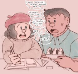 Rule 34 | . ., 1boy, 1girl, beret, black hair, brother and sister, doraemon, drawing, english text, food, gouda jaiko, gouda takeshi, hat, highres, holding, holding pencil, oliver nero, onigiri, open mouth, pencil, ruler, siblings, smile, speech bubble, sweatdrop, sweater