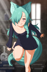 Rule 34 | 1girl, animal ear fluff, animal ears, bare legs, black dress, blush, braid, breasts, candle, capitan (tsyoujo), dress, green hair, hair over one eye, highres, indoors, leaning forward, light rays, looking at viewer, naughty face, original, panties, panties around leg, panty pull, pink eyes, side braid, skull, small breasts, standing, standing on one leg, tail, tongue, tongue out, underwear, witch