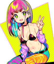 Rule 34 | 1girl, bare shoulders, belt, bikini, black bikini, blue hair, choker, collarbone, commentary request, green eyes, highleg, jacket, looking at viewer, multicolored hair, multicolored pants, navel, off shoulder, onono imoko, open clothes, open jacket, open mouth, original, pants, pantyhose, pink hair, solo, swimsuit, v