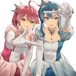 Rule 34 | 2girls, :p, :q, ahoge, alternate costume, bibideba (hololive), blue dress, blue eyes, blue hair, breasts, center-flap bangs, collarbone, commentary request, double-parted bangs, dress, earrings, elbow gloves, eyeshadow, finger frame, finger frame duo, gloves, hair between eyes, highres, hololive, hoshimachi suisei, jewelry, knees out of frame, leaning forward, long hair, looking at viewer, makeup, multiple girls, necklace, pink dress, pink eyeshadow, puffy short sleeves, puffy sleeves, rena sakuma, sakura miko, short sleeves, side ponytail, simple background, single sidelock, small breasts, standing, star (symbol), star in eye, symbol in eye, tiara, tilted headwear, tongue, tongue out, virtual youtuber, white background, white gloves