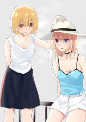 Rule 34 | 2girls, bare arms, bare shoulders, black choker, black skirt, blonde hair, blue camisole, breasts, brown eyes, camisole, choker, cleavage, closed mouth, collarbone, earrings, grey background, hair between eyes, hand on headwear, hat, highres, jewelry, light brown hair, long hair, multiple girls, open mouth, original, piripun, railing, short shorts, shorts, sitting, skirt, small breasts, smile, standing, sun hat, sweat, tank top, translation request, white headwear, white shorts, white tank top