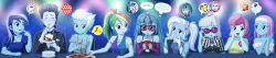 Rule 34 | 1boy, 6+girls, absurdres, armlet, blue dress, blue eyes, blue hair, blue skin, blueberry, blush, bracelet, cellphone, chili pepper, colgate (mlp), colored skin, corsage, cup cake (my little pony), dress, drinking, earrings, eating, english text, fleetfoot, food, fork, fruit, glasses, gloves, grey dress, hair ornament, hair tie, hairclip, happy tears, headband, highres, jewelry, kiwi (fruit), lotus blossom, multicolored hair, multiple girls, my little pony, my little pony: equestria girls, my little pony: friendship is magic, necklace, peach, pearl necklace, pendant, personification, phone, photo finish, pie, pink hair, pizza, plate, pointing, ponytail, purple dress, purple eyes, purple hair, rainbow dash, rainbow hair, raspberry, sauce bottle, short hair, side ponytail, smile, soarin, sonata dusk, speech bubble, spiked hair, sunglasses, sweatdrop, tears, text focus, thought bubble, tooth, trixie lulamoon, tuxedo, two-tone hair, uotapo, violet blurr, white gloves, white hair, yellow dress