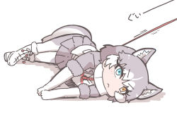 Rule 34 | 1girl, animal ear fluff, animal ears, blue eyes, boots, commentary request, dog (mixed breed) (kemono friends), dog ears, dog tail, elbow gloves, extra ears, full body, fur trim, gloves, grey hair, harness, heterochromia, jacket, kemono friends, leash, lying, multicolored hair, on side, pantyhose, pleated skirt, scarf, short hair, short sleeves, skirt, solo, sweater, tail, tanaka kusao, v-shaped eyebrows, white hair, yellow eyes