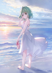 Rule 34 | 1girl, bare arms, bare shoulders, barefoot, beach, blue sky, breasts, brown footwear, closed mouth, cloud, cloudy sky, dress, footprints, from behind, green eyes, green hair, hair between eyes, hand up, highres, holding, holding clothes, holding footwear, horizon, looking at viewer, looking back, meito (maze), morinaka kazaki, nijisanji, ocean, outdoors, sand, sandals, unworn sandals, sky, sleeveless, sleeveless dress, small breasts, smile, solo, standing, sun symbol, sunset, virtual youtuber, water, waves, white dress