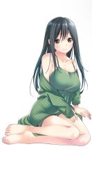 Rule 34 | 1girl, amagami-san chi no enmusubi, amagami yae, asymmetrical bangs, barefoot, black hair, blush, breasts, closed mouth, collarbone, commentary request, full body, green nightgown, hair between eyes, highres, large breasts, long hair, looking at viewer, marcey, nightgown, off-shoulder shirt, off shoulder, polka dot, polka dot shirt, second-party source, shirt, simple background, sitting, smile, solo, straight hair, white background
