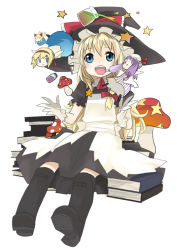 Rule 34 | 3girls, :d, :x, alice margatroid, bad id, bad pixiv id, blonde hair, blue eyes, book, book stack, boots, chibi, female focus, floating, floating object, gloves, hat, kirisame marisa, knee boots, kusano houki, multiple girls, mushroom, open mouth, patchouli knowledge, shanghai doll, sitting, smile, star (symbol), touhou