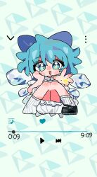 Rule 34 | 1girl, ahoge, alternate costume, blue bow, blue eyes, blue hair, blush, bobby socks, bow, cirno, closed mouth, collared shirt, dress, full body, hair bow, highres, ice crystal, kuzucirno, looking at viewer, loose socks, mary janes, neck ribbon, pinafore dress, puffy short sleeves, puffy sleeves, red ribbon, ribbon, self-upload, shirt, shoes, short hair, short sleeves, single shoe, sleeveless, sleeveless dress, socks, solo, star (symbol), star in eye, symbol in eye, touhou