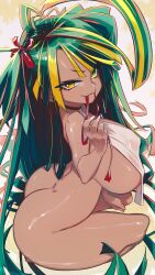 Rule 34 | 1girl, absurdres, ass, blonde hair, breasts, dark-skinned female, dark skin, green hair, hair ribbon, highres, king rooper, large breasts, long hair, mouth hold, multicolored hair, nude, original, ribbon, ribbon in mouth, solo, thick thighs, thighs, yellow eyes