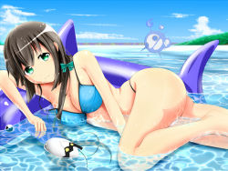 Rule 34 | 10s, 1girl, ass, barefoot, bikini, black hair, blue bikini, bow, breasts, cleavage, closed mouth, cloud, day, fairy, from side, green bow, green eyes, hair over shoulder, inflatable dolphin, inflatable toy, kani sen, long hair, looking at viewer, low ponytail, lying, medium breasts, on side, outdoors, partially submerged, sky, striped, striped bow, swimsuit, tougou mimori, very long hair, water, wet, wet hair, yuuki yuuna wa yuusha de aru, yuusha de aru