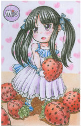 Rule 34 | 1girl, akiyama mio, bad id, bad pixiv id, bare shoulders, black hair, blush, child, colored pencil (medium), food, fruit, gloves, highres, hime cut, k-on!, long hair, mary janes, purple eyes, shoes, solo, strawberry, stuffed toy, traditional media, twintails