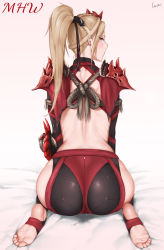 Rule 34 | 1girl, armor, artist name, ass, backless outfit, barefoot, bed sheet, black legwear, blonde hair, blue eyes, blush, braid, earrings, feet, from behind, full body, gradient background, hair ornament, highres, hip vent, jewelry, laserflip, long hair, looking back, mole, mole under eye, monster hunter, monster hunter: world, monster hunter (series), odogaron, odogaron (armor), personification, ponytail, profile, pussy juice, pussy juice stain, rope, seiza, shoulder armor, sitting, soles, solo, stained clothes, stained sheets, stirrup legwear, toeless legwear