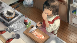 Rule 34 | 1girl, 23el, apron, bottle, brown eyes, brown hair, cutting board, eating, fish (food), food, frying pan, highres, holding, holding food, holding knife, indoors, kitchen, kitchen knife, knife, original, red apron, short hair, sliced meat, solo, spatula, steam, stove, sweater, white sweater, wooden floor